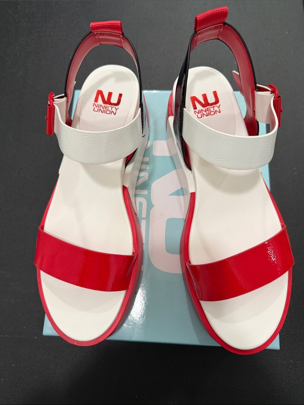 Red, white, and black Ninety Union NU wedge sandals women’s HTF size 13